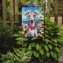 Load image into Gallery viewer, Whippet Luau Garden Flag – Tropical Dog Decor with Hibiscus &amp; Palm Leaves