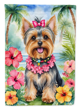 Load image into Gallery viewer, Yorkshire Terrier Luau Garden Flag – Tropical Dog Decor with Hibiscus &amp; Palm Leaves