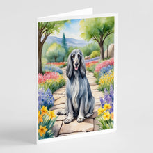 Load image into Gallery viewer, Afghan Hound Spring Garden Greeting Cards - Blank Note Cards – 8-Pack of Artist-Designed Cards with Envelopes