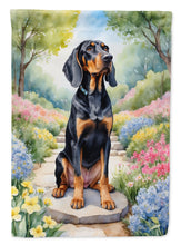 Load image into Gallery viewer, Black and Tan Coonhound Spring Path House Flag
