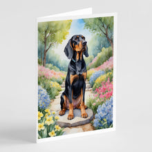 Load image into Gallery viewer, Black and Tan Coonhound Spring Path Greeting Cards - Blank Note Cards – 8-Pack of Artist-Designed Cards with Envelopes
