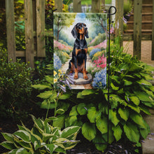 Load image into Gallery viewer, Black and Tan Coonhound Spring Path Garden Flag  – Dog-Themed Floral Outdoor Decor