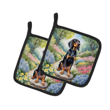 Load image into Gallery viewer, Black and Tan Coonhound Spring Path Pot Holders - Set of 2 Decorative Kitchen Helpers | Made in the USA