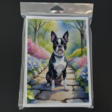 Load image into Gallery viewer, Boston Terrier Spring Path Greeting Cards - Blank Note Cards – 8-Pack of Artist-Designed Cards with Envelopes