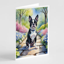 Load image into Gallery viewer, Boston Terrier Spring Path Greeting Cards - Blank Note Cards – 8-Pack of Artist-Designed Cards with Envelopes