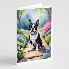 Load image into Gallery viewer, Boston Terrier Spring Path Greeting Cards - Blank Note Cards – 8-Pack of Artist-Designed Cards with Envelopes