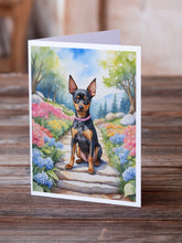 Load image into Gallery viewer, Miniature Pinscher Spring Path Greeting Cards - Blank Note Cards – 8-Pack of Artist-Designed Cards with Envelopes