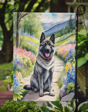 Load image into Gallery viewer, Norwegian Elkhound Spring Path Garden Flag  – Dog-Themed Floral Outdoor Decor