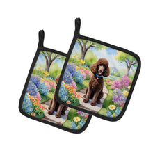 Load image into Gallery viewer, Chocolate Poodle Spring Path Pot Holders - Set of 2 Decorative Kitchen Helpers | Made in the USA