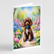 Load image into Gallery viewer, Chocolate Poodle Spring Path Greeting Cards - Blank Note Cards – 8-Pack of Artist-Designed Cards with Envelopes