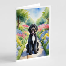 Load image into Gallery viewer, Portuguese Water Dog Spring Path Greeting Cards - Blank Note Cards – 8-Pack of Artist-Designed Cards with Envelopes