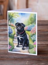Load image into Gallery viewer, Black Pug Spring Path Greeting Cards - Blank Note Cards – 8-Pack of Artist-Designed Cards with Envelopes
