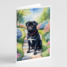 Load image into Gallery viewer, Black Pug Spring Path Greeting Cards - Blank Note Cards – 8-Pack of Artist-Designed Cards with Envelopes