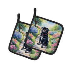 Load image into Gallery viewer, Black Pug Spring Path Pot Holders - Set of 2 Decorative Kitchen Helpers | Made in the USA