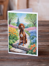 Load image into Gallery viewer, Redbone Coonhound Spring Path Greeting Cards - Blank Note Cards – 8-Pack of Artist-Designed Cards with Envelopes