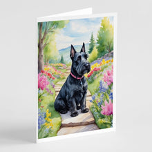 Load image into Gallery viewer, Scottish Terrier Spring Path Greeting Cards - Blank Note Cards – 8-Pack of Artist-Designed Cards with Envelopes