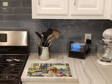 Load image into Gallery viewer, Decorating Easter Goldendoodle Glass Cutting Boards – Durable, Decorative Kitchen Art