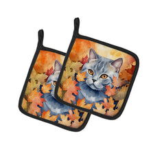 Load image into Gallery viewer, British Shorthair Cat in Fall Leaves Pot Holders - Set of 2 Decorative Kitchen Helpers | Made in the USA