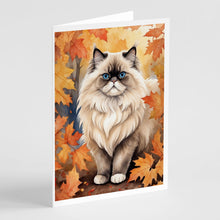 Load image into Gallery viewer, Colorpoint Longhair Cat in Fall Leaves Greeting Cards - Blank Note Cards – 8-Pack of Artist-Designed Cards with Envelopes
