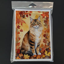 Load image into Gallery viewer, Cymric Cat in Fall Leaves Greeting Cards - Blank Note Cards – 8-Pack of Artist-Designed Cards with Envelopes