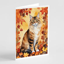 Load image into Gallery viewer, Cymric Cat in Fall Leaves Greeting Cards - Blank Note Cards – 8-Pack of Artist-Designed Cards with Envelopes