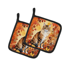 Load image into Gallery viewer, Cymric Cat in Fall Leaves Pot Holders - Set of 2 Decorative Kitchen Helpers | Made in the USA
