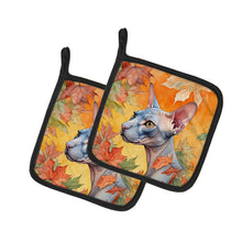 Load image into Gallery viewer, Donskoy Don Sphynx Cat in Fall Leaves Pot Holders - Set of 2 Decorative Kitchen Helpers | Made in the USA