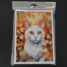 Load image into Gallery viewer, Khao Manee Cat in Fall Leaves Greeting Cards - Blank Note Cards – 8-Pack of Artist-Designed Cards with Envelopes