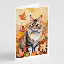 Load image into Gallery viewer, Kurilian Bobtail Cat in Fall Leaves Greeting Cards - Blank Note Cards – 8-Pack of Artist-Designed Cards with Envelopes