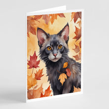 Load image into Gallery viewer, Lykoi Cat in Fall Leaves Greeting Cards - Blank Note Cards – 8-Pack of Artist-Designed Cards with Envelopes