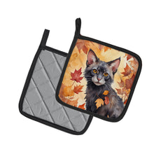 Load image into Gallery viewer, Lykoi Cat in Fall Leaves Pot Holders - Set of 2 Decorative Kitchen Helpers | Made in the USA