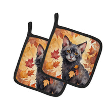 Load image into Gallery viewer, Lykoi Cat in Fall Leaves Pot Holders - Set of 2 Decorative Kitchen Helpers | Made in the USA