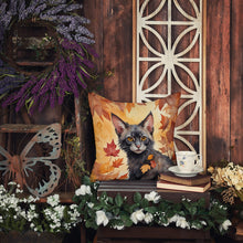 Load image into Gallery viewer, Lykoi Cat in Fall Leaves Throw Pillow