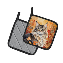 Load image into Gallery viewer, MaineCoon Cat in Fall Leaves Pot Holders - Set of 2 Decorative Kitchen Helpers | Made in the USA