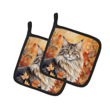 Load image into Gallery viewer, MaineCoon Cat in Fall Leaves Pot Holders - Set of 2 Decorative Kitchen Helpers | Made in the USA
