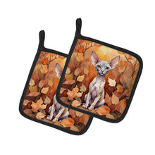 Load image into Gallery viewer, Minskin Cat in Fall Leaves Pot Holders - Set of 2 Decorative Kitchen Helpers | Made in the USA
