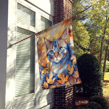 Load image into Gallery viewer, Ojos Azules Cat in Fall Leaves House Flag