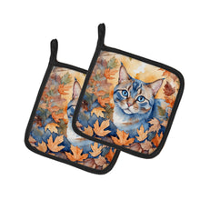 Load image into Gallery viewer, Ojos Azules Cat in Fall Leaves Pot Holders - Set of 2 Decorative Kitchen Helpers | Made in the USA