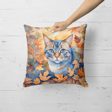 Load image into Gallery viewer, Ojos Azules Cat in Fall Leaves Throw Pillow