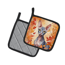 Load image into Gallery viewer, Peterbald Cat in Fall Leaves Pot Holders - Set of 2 Decorative Kitchen Helpers | Made in the USA
