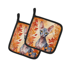Load image into Gallery viewer, Peterbald Cat in Fall Leaves Pot Holders - Set of 2 Decorative Kitchen Helpers | Made in the USA
