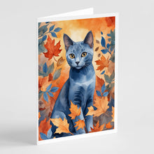 Load image into Gallery viewer, Russian Blue Cat in Fall Leaves Greeting Cards - Blank Note Cards – 8-Pack of Artist-Designed Cards with Envelopes