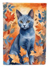 Load image into Gallery viewer, Russian Blue Fall Garden Flag - Cat in Fall Leaves - Cat-Themed Seasonal Yard Decor