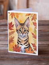 Load image into Gallery viewer, Savannah Cat in Fall Leaves Greeting Cards - Blank Note Cards – 8-Pack of Artist-Designed Cards with Envelopes