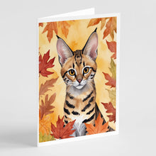 Load image into Gallery viewer, Savannah Cat in Fall Leaves Greeting Cards - Blank Note Cards – 8-Pack of Artist-Designed Cards with Envelopes