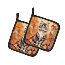 Load image into Gallery viewer, Selkirk Rex Cat in Fall Leaves Pot Holders - Set of 2 Decorative Kitchen Helpers | Made in the USA