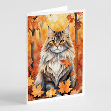 Load image into Gallery viewer, Siberian Cat in Fall Leaves Greeting Cards - Blank Note Cards – 8-Pack of Artist-Designed Cards with Envelopes