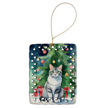 Load image into Gallery viewer, Aegean Cat By the Christmas Tree Porcelain Ornament