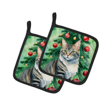 Load image into Gallery viewer, American Bobtail Cat By the Christmas Tree Pot Holders - Set of 2 Decorative Kitchen Helpers | Made in the USA
