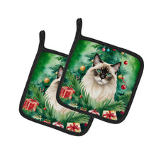 Load image into Gallery viewer, Balinese Cat By the Christmas Tree Pot Holders - Set of 2 Decorative Kitchen Helpers | Made in the USA